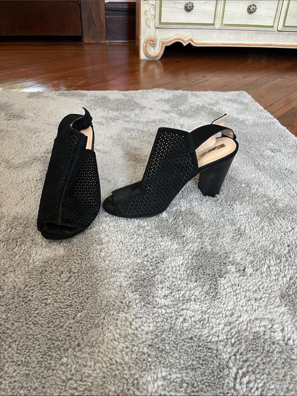 Tahari Black Perforated Peep-Toe Slingback Heels